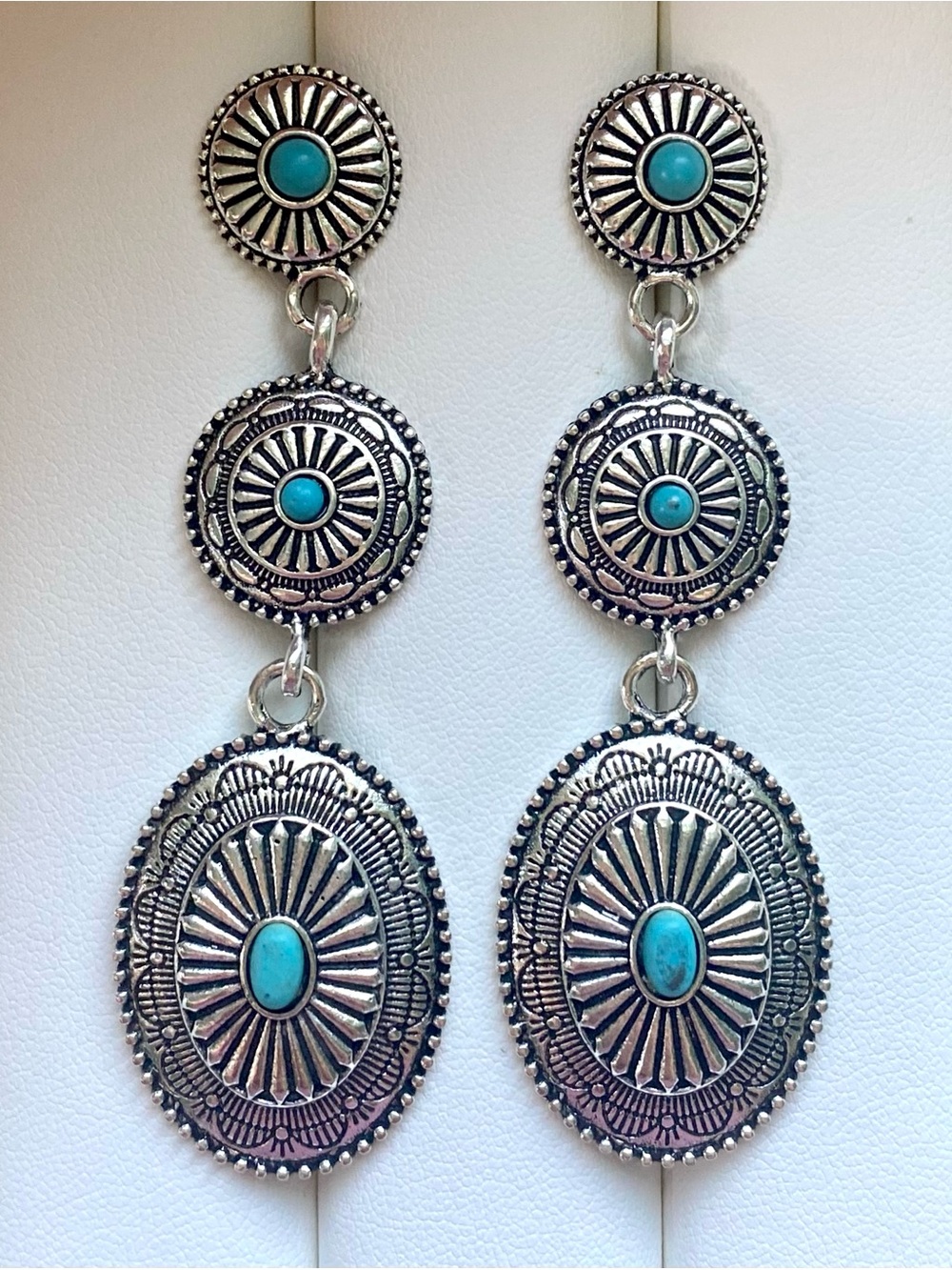 Turquoise Silver-Tone Triple Drop Earrings